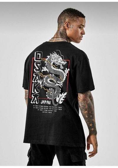 Flood Of Style Kadın Oversize Osaka Baskılı Siyah Tshirt