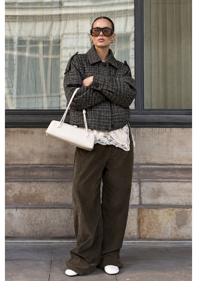 Madmext Haki Ekose Desenli Oversize Kadın Bomber Ceket Mg2920