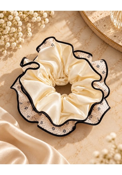 Ekru 4 Katmanlı Çiçek Desenli Fırfır Scrunchie Saç Tokası