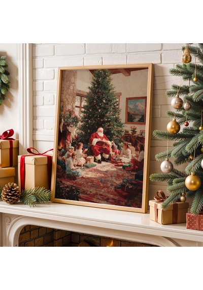 Vintage Noel Baba Duvar Sanatı, Klasik Yağlıboya Tatil Posteri