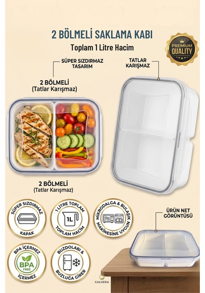 2 Bölmeli Sızdırmaz Lunch Box Saklama Kabı - 1 Litre Beslenme Kutusu Şeffaf