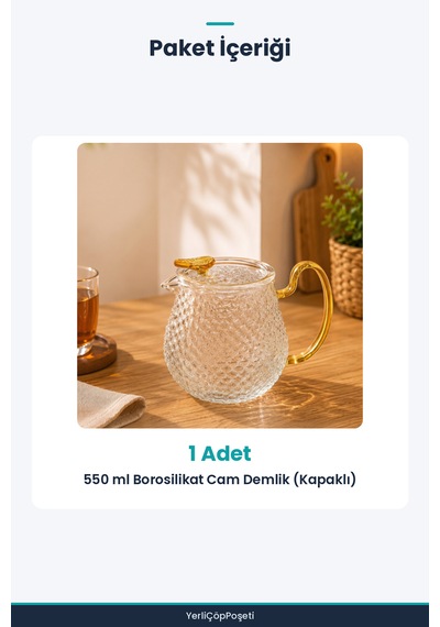 Şık Tasarımlı Cam Demlik - 550 Ml - Borosilikat Cam Şeffaf