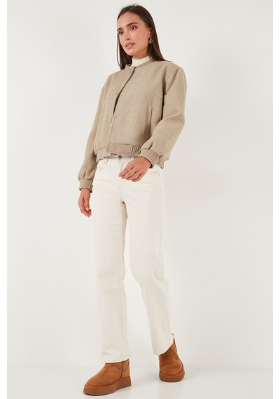 Lela Loose Fit Sıfır Yaka Çıtçıtlı Kaşe Kısa Bayan Mont 6810178 Bej