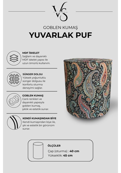 Desenli Goblen Dokuma Dekoratif Kendinden Biyeli Yuvarlak Puf Siyah