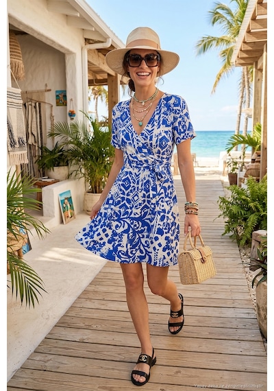Lela Desenli Kruvaze Yaka Regular Fit Bayan Elbise 5865723 Saks