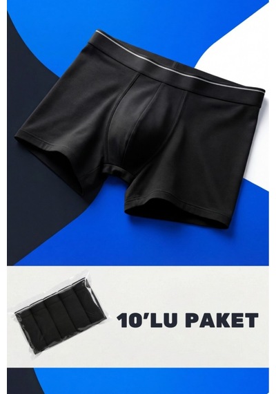 Ecnt Erkek Likralı Pamuklu Boxer Özel Hijyenik Ambalajlı 10'lu Paket Siyah Siyah