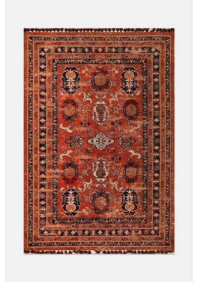 Asude Saçaklı Kilim Dokulu Robot Süpürge Uyumlu Oturma Odası Salon Halısı Pamuk Akrilik Nostaljik Islak Görünüm Kiremit