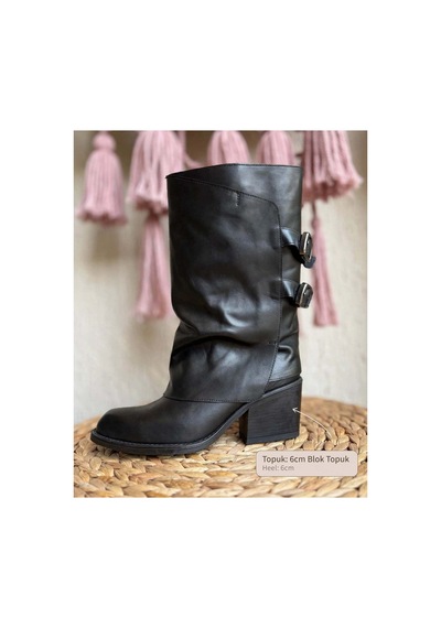 37brandshoes Siyah Western Tarzı Deri Çizme Siyah Siyah