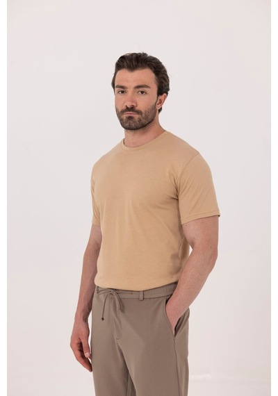 Sabri Özel Kahve %100 Pamuk Bisiklet Yaka Düz Renk Basic T-shirt