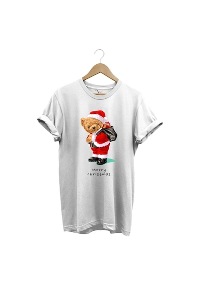 Yılbaşı Yeni Yıl Merry Christmas Sevimli Ayıcık Baskılı %100 Pamuk Regular Fit Beyaz T-shirt Beyaz
