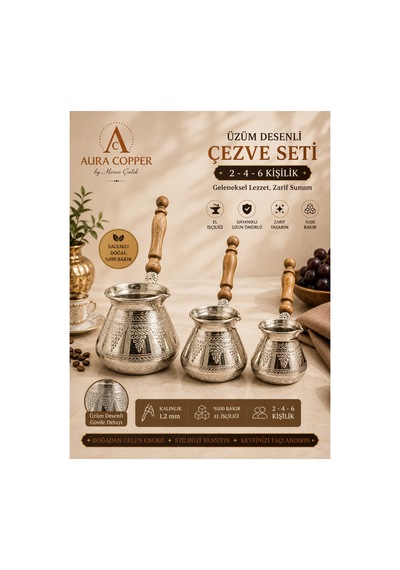 3 Lü Gümüş Renk Üzüm Desenli Bakır Cezve Seti 2-4-6 Kişilik 1,2 Mm El İşçiliği Ahşap Saplı - Bakır Bileklik Hediyedir