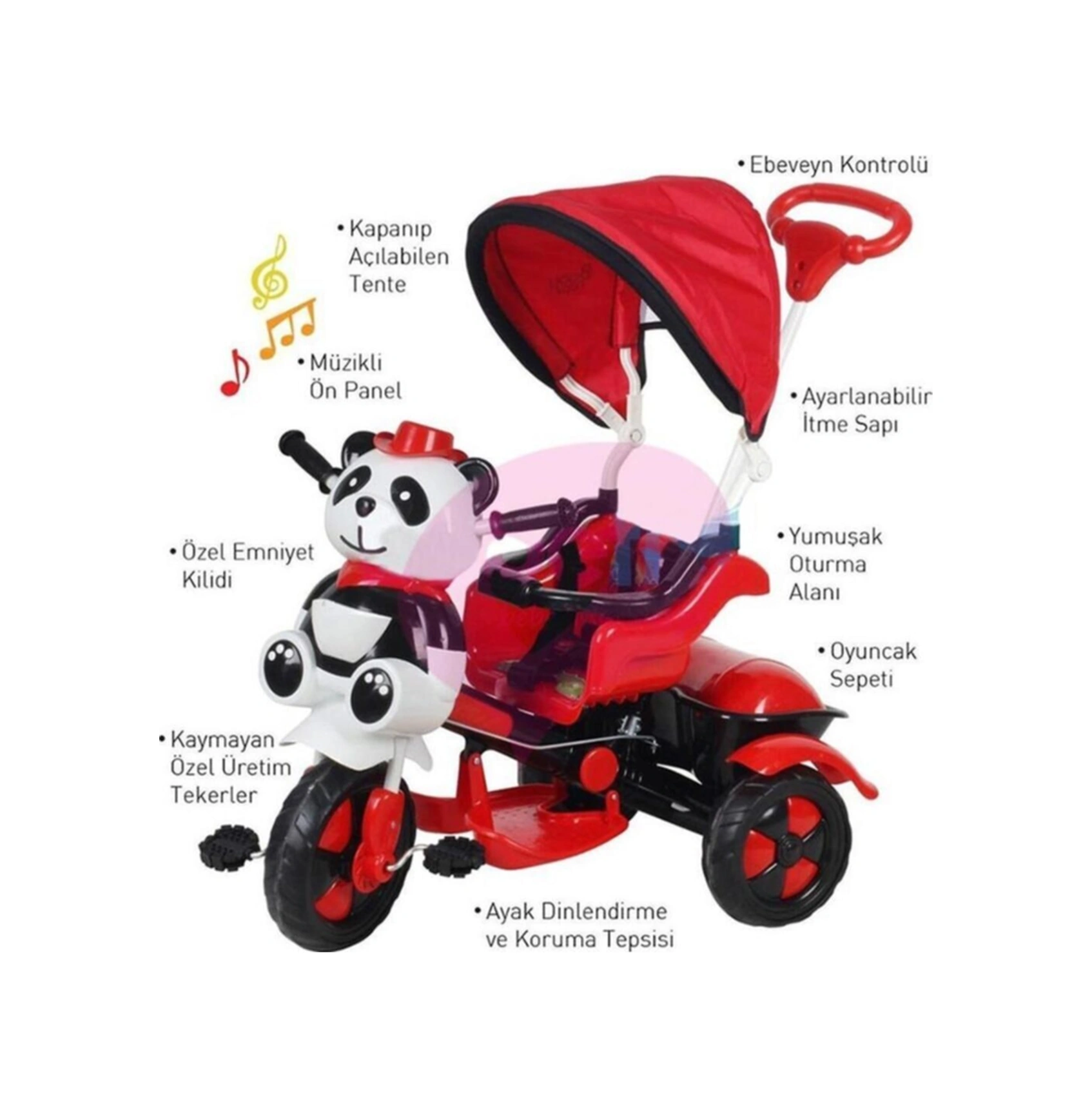 127 Little Panda Ebeveyn Kontrollü Tenteli Müzikli Tricycle Üç Teker Bisiklet - Kırmızı Siy