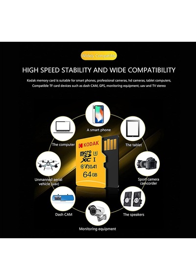 Kodak Micro Sd Kart 64 Gb, Anahtar, Gopro, Dron, Akıllı Telefonlar, Microsdxc Uhs-ı Bellek Çubuğu - 100 Mb/s'ye Kadar, 4k Uhd Video, A1, U3, Sınıf 10