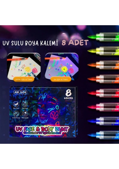 Uv Işıkta Parlayan Neon Yüz Ve Vücut Boya Kalemi Seti - 8 Renk Fosforlu Dıy Parti Kalemi Çok Renkli