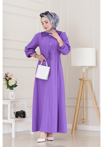 Sevitli Yakası Güpür Nova Elbise-lila-5031 Lila