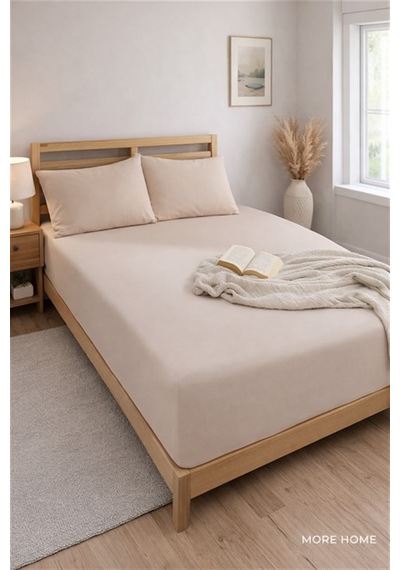 More Home Çift Kişilik Lastikli Çarşaf Seti + Yastık Kılıfı Koyu Bej