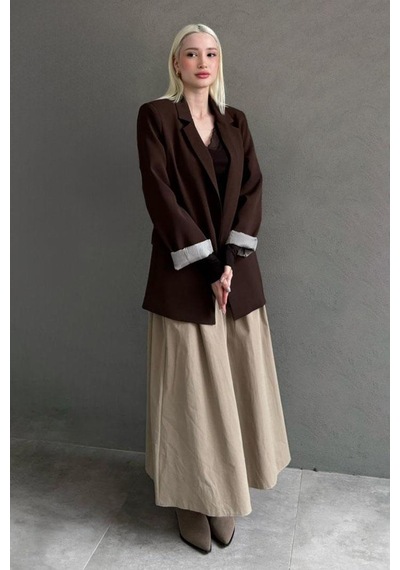 Seeh Kahverengi Kol Desenli Blazer Kadın Ceket Sh339