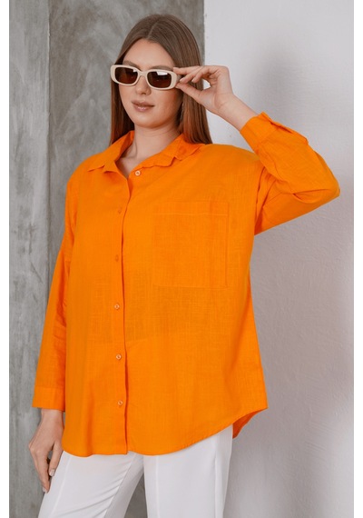 Paw Garage Kadın London Keten Tek Cepli Oversize Gömlek, Premium Kalite Keten Gömlek Turuncu