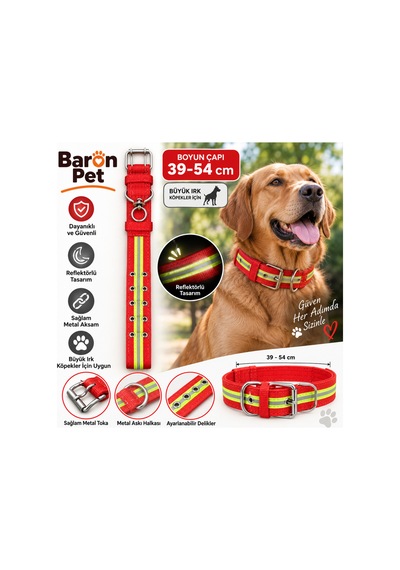 Baron Pet Köpek Boyun Tasması 39-54 Cm Reflektörlü Dokuma Metal Tokalı Büyük Irk - Kırmızı Çok Renkli