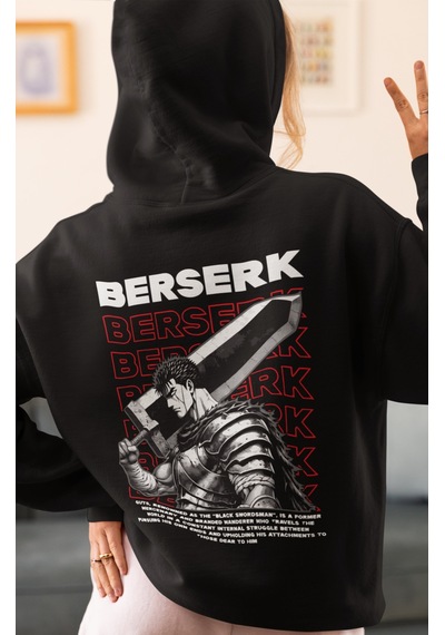 Sevbano Berserk Guts Anime Sırt Baskılı Unisex Oversize Penye Hoodie Siyah