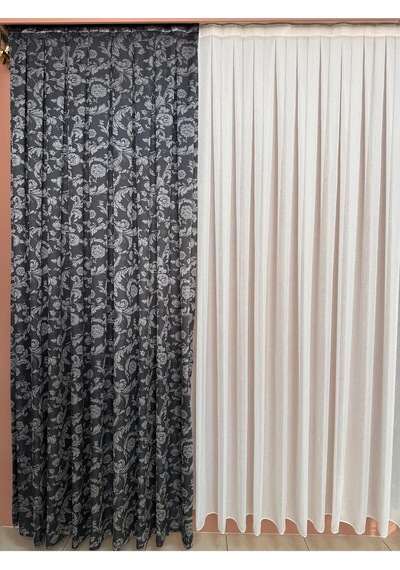 Diletto Kornişe Uyumlu Gül Desenli Fon Perde Sık Pile / Ütü İstemez Gri