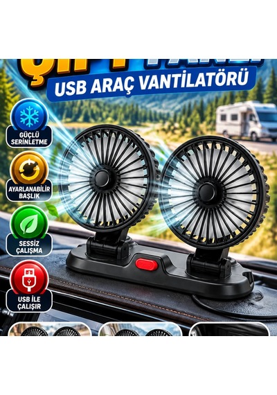 Çift Fanlı Usb Araç Vantilatörü Ayarlanabilir Başlıklı Kompakt Soğutucu