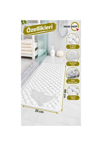 Balık Desenli Vantuzlu Banyo Ve Duşakabin Kaydırmaz Paspas, Küvet İçi Masaj Matı 35x68 Cm M-10 Beyaz