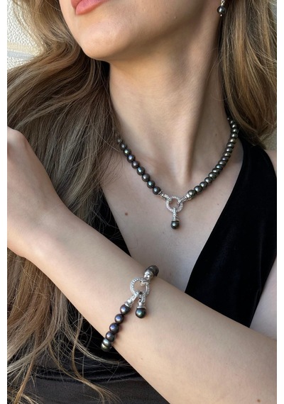 8,5 Mm Zirkon Taşlı Halka Kilitli Doğal İnci Küpe Kolye Bileklik Üçlü Set 45 Cm / Rose Gümüş