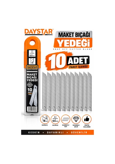Daystar 18 Mm Maket Bıçağı Yedeği 10 Adet 0,5 Mm Segmentli Kesici Yedek Uç