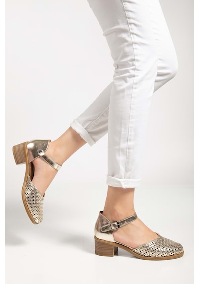 Analin Shoes Kadın Hakiki Deri Burnu Kapalı Delikli Sandalet Altın