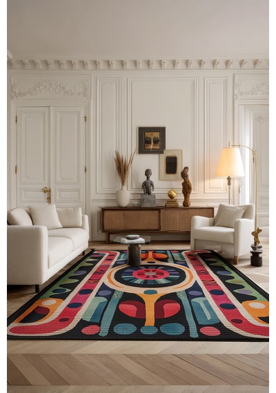 Artevo 19 Renkli Geometrik Tasarım Soyut Desenli Halı İnce Halı Kilim Halı Oturma Odası Salon Halısı Renkli M