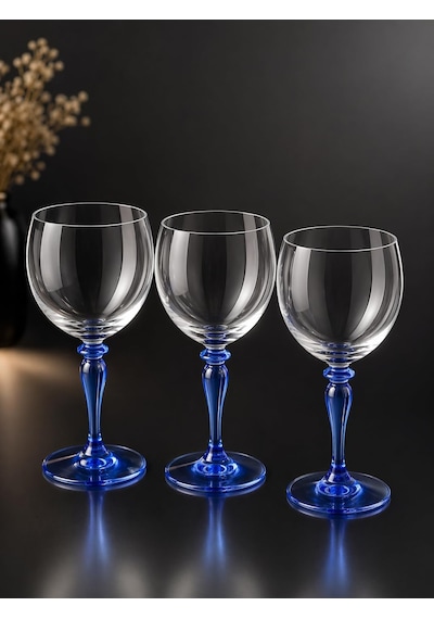 Mavi Ayaklı Kristal Şarap Kadehi, El Üfleme Cam, Şeffaf Gövde, 18 Cm Yükseklik, 3'lü Set Diğer