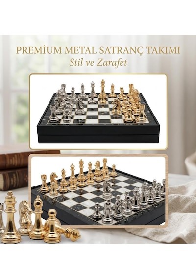 Kişiye Özel Lüks Metal Satranç Takımı Mermer Desenli Sandıklı Premium Oyun Seti 20 Cm. Klasik Figür