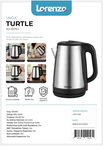 Lorenzo LRZ 1150 Turtle 2.2 L Çelik Su Isıtıcı