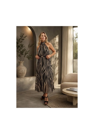 Moda Banuş Zebra Şifon Astarlı Elbise Siyah