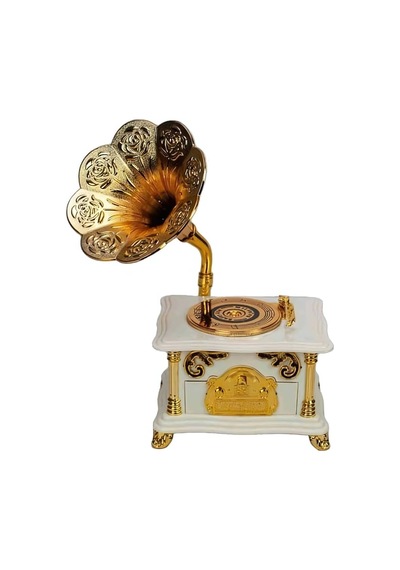 Nostaljik Beyaz Mini Gramafon Müzik Kutusu - Mekanik Masa Aksesuarı Hediyelik Beyaz