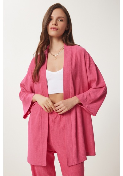 Happiness İstanbul Kadın Koyu Pembe Kimono Pantolon Örme Takımı By00050 Koyu Pembe