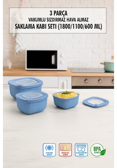 Kare 3 Parça Vakumlu Sızdırmaz Hava Almaz Saklama Kabı Seti Mavi 1800/1100/600 Ml Mavi