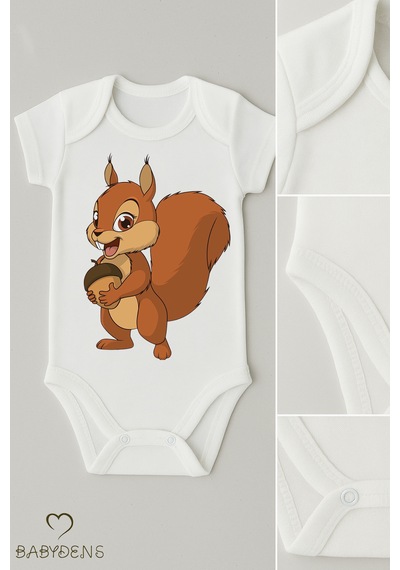 Babyden's %100 Pamuklu Sevimli Hayvan Figürlü Bebek Body Unisex Çıtçıtlı Kısa Kollu Zıbın Sincap Beyaz