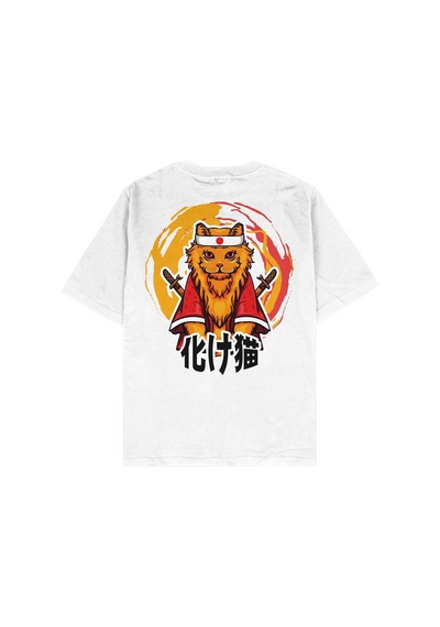 Startmore Samurai Cat Beyaz Oversize Unisex T-shirt Beyaz