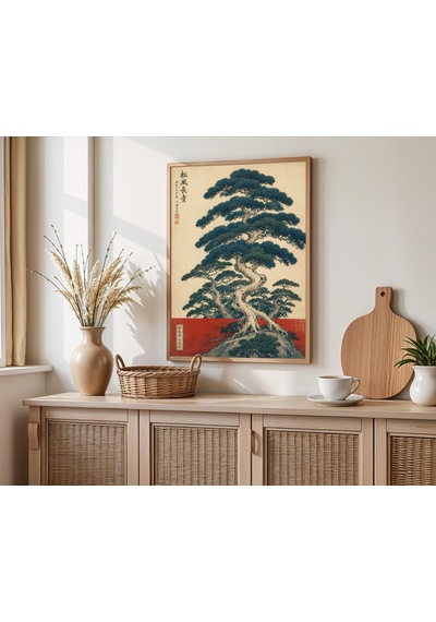 Japon Ağacı Sanat Baskısı, Vintage Botanik Bonsai Posteri, Ahşap Baskı Çam Duvar Dekoru