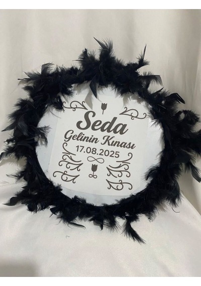 Gelin Tefi 30cm,isim Ve Tarih Yazılı Otriş Süslemeli Kına Tefi Siyah