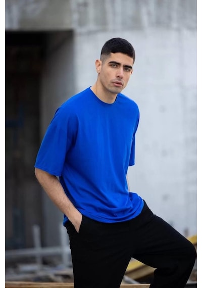 Unisex Düz Biskilet Yaka Oversize T-shirt - Mavi