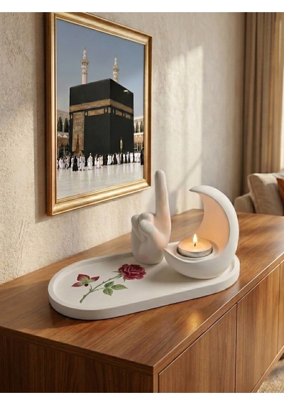 Gül Desenli Tepsi, Tevhid Eli Biblo Ve Hilal Mumluk Seti Tealight Mum Hediyeli İslami Ev Hediyesi Dekoratif Hediyelik
