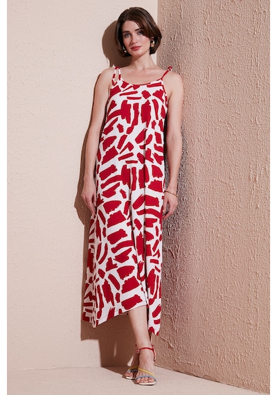 Lela Desenli Midi Boy Oversize Fit Bağlamalı Ip Askılı Bisiklet Yaka Bayan Elbise 5869009 Bordo