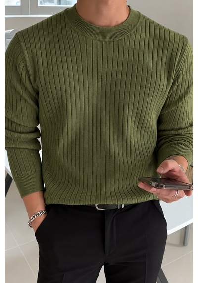 Erkek Bisiklet Yaka Slim Fit Triko Kazak Haki