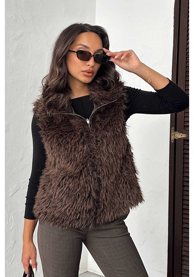 Verymoda Yapay Kürk Kadın Yelek Fermuarlı, Yumuşak Dokulu I Vmf2046 Koyu Kahve
