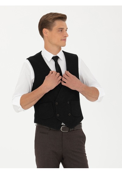 Cacharel Siyah Slim Fit Yün Karışımlı Çizgili Klasik Yelek