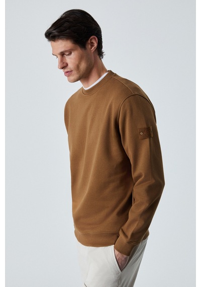 Grimelange OLLIE Erkek Bisiklet Yaka Regular Uzun Kollu Nakış Detaylı Koyu Kahverengi Sweatshirt