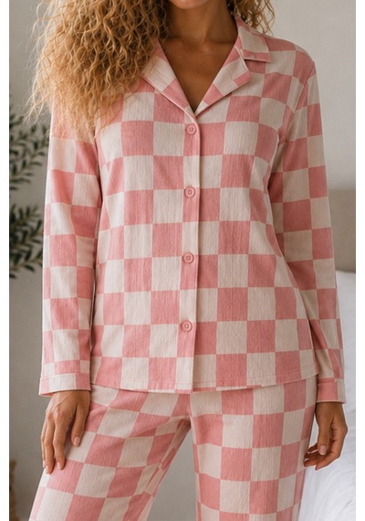 Kadın Örme Gömlek Yaka Pembe Pijama Takımı